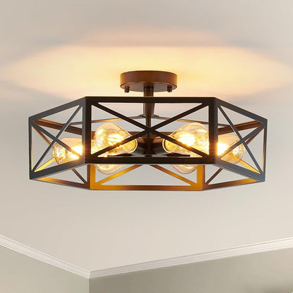 Industrial Semi Flush Mount Ceiling Light, 6 Light Modern Metal Close to Ceiling Light Fixture, Farmhouse Light Fixtures Ceiling Mount, Black Chandelier for Kitchen, Dining Room, Hallway