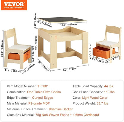 VEVOR Kids Table and Chair Set, 3 in 1 Wooden Activity Table with Storage Space and Boxes, Detachable Tabletop Kids Play Table for Toddlers Art, Craft, Reading, Learning
