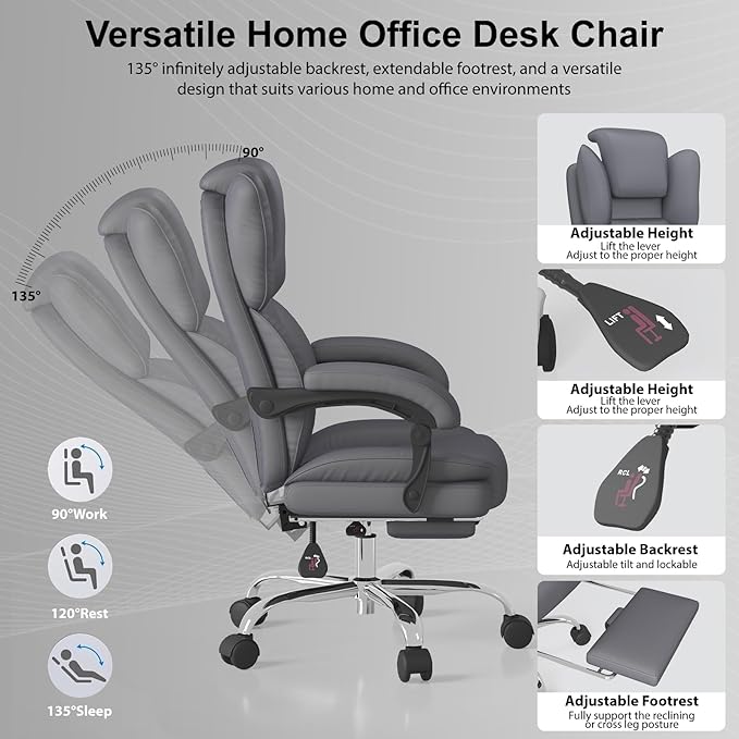 Big and Tall Office Chair, Ergonomic Leather High Back Executive Computer Chair with Retractable Footrest, Adjustable Headrest, Padded Arms, 360°Swivel Free, 90-135°Reclining, 500lbs Wide Seat, Gray
