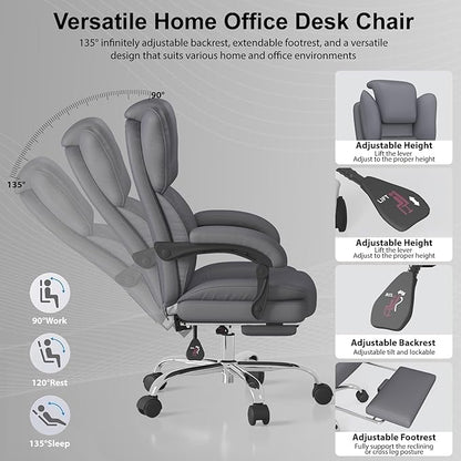 Big and Tall Office Chair, Ergonomic Leather High Back Executive Computer Chair with Retractable Footrest, Adjustable Headrest, Padded Arms, 360°Swivel Free, 90-135°Reclining, 500lbs Wide Seat, Gray