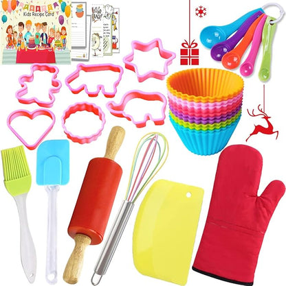 Kids Baking Set Real Cooking Kit Supplies with Kids Apron, Chef Hat, Oven Mitt, Recipes and Kitchen Accessories Tools for Toddler Dress Up Kids Gift for Little Kids Gift