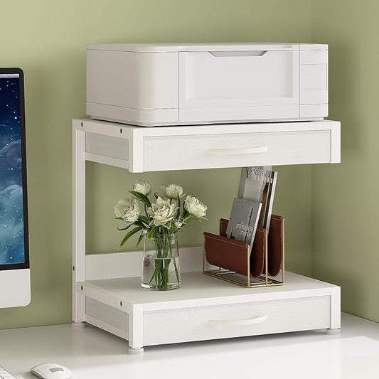 2-Tier Desktop Printer Stand with 2 Fabric Drawers, Prtiner Table with Storage Shelf, Desk Organizer for Home Office,3D Printer,Fax Machine,Scanner (White, 2 Tier)