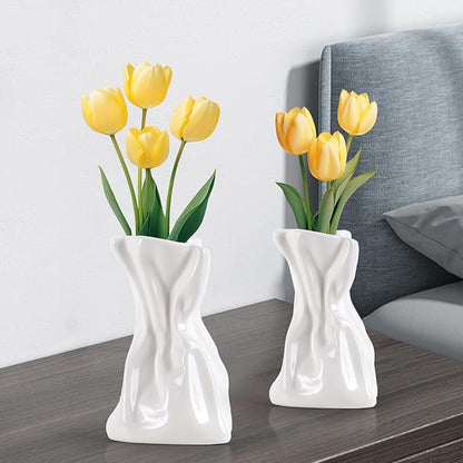 2 PCS Paper Bag Vase, White Ceramic Vase, Irregular Crinkle Flower Vases, Unique Boho Minimalist Art Decorative Vase for Flowers, Modern Home Decor for Room Table Office Wedding Party