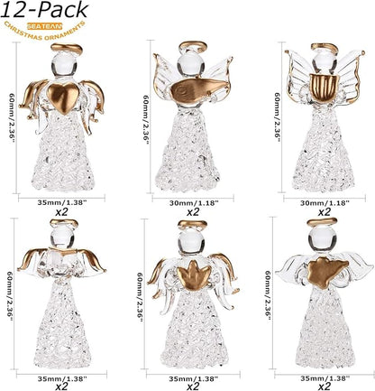 12 Glass Angel Ornaments for Christmas Tree - Clear Mini Hanging Angels