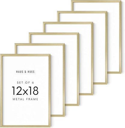 HAUS AND HUES 12x18 Gold Metal Picture Frames - Features Premium Aluminum, Vertical & Horizontal Hang, Shatterproof Plexiglass - Perfect for Home, Room, Office (12x18 in, Gold, Set of 6)