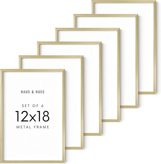 HAUS AND HUES 12x18 Gold Metal Picture Frames - Features Premium Aluminum, Vertical & Horizontal Hang, Shatterproof Plexiglass - Perfect for Home, Room, Office (12x18 in, Gold, Set of 6)