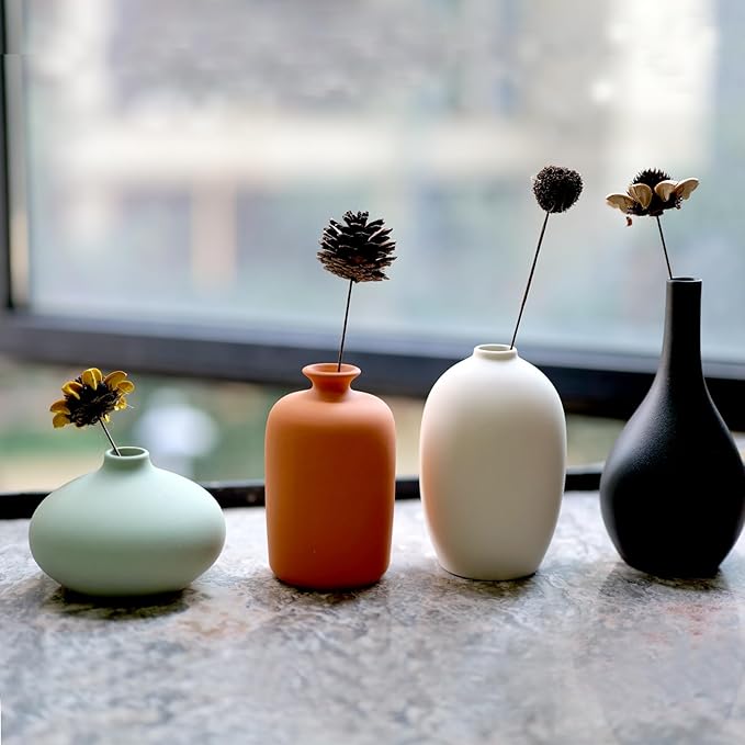 Small Ceramic Vase Set of 4 for Modern Home Decor, Minimalist Bohemian, Round Matte Vases for Dried Flowers&Pampas Grass, Office, Shelf, Living Room, Bedroom, Entryway Decor