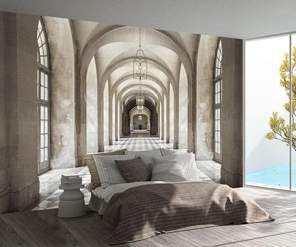 Retro Church Geometric Corridor Wallpaper Mural (Not Peel and Stick)