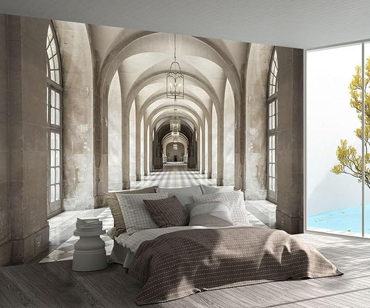 Retro Church Geometric Corridor Wallpaper Mural (Not Peel and Stick)