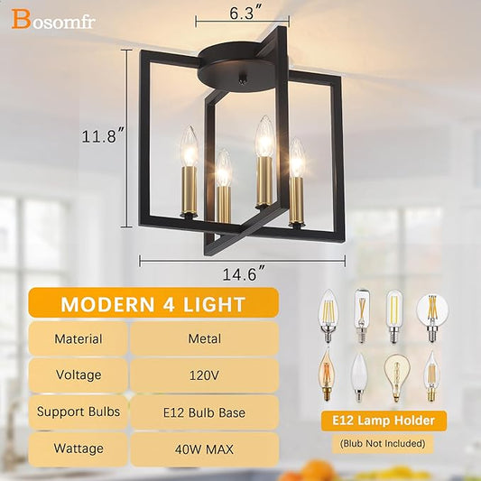 Modern Farmhouse 4-Light Black and Gold Ceiling Light Fixture, Industrial Close to Ceiling Light with Geometric Metal Shade, Perfect for Kitchen, Hallway, Bathroom