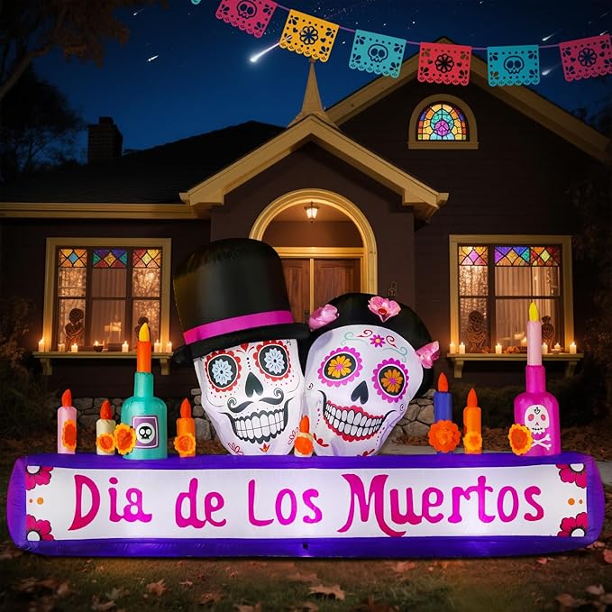8FT Halloween Inflatable Blow Up Decorations, Dia de Los Muertos Day of Dead Catrina Skulls Altar, Built-in LEDs for Holiday Party, Garden, Lawn, Yard, Patio Décor