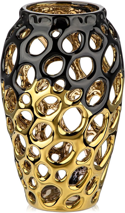 Black and Gold Vases for Centerpieces, Openwork Ceramic Flower Vase 8.7" Hollowed Decorative Pampas Grass Vase Gold Table Decor for Home Living Room Dinner Room Bedroom Office Wedding