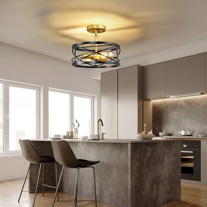 Semi Flush Mount Ceiling Light Fixtures, 2-Light Modern Kitchen Ceiling Light Farmhouse Industrial Sloped Ceiling Lighting with for Metal Drum Cage Hallway Bedroom Stair, Black and Gold
