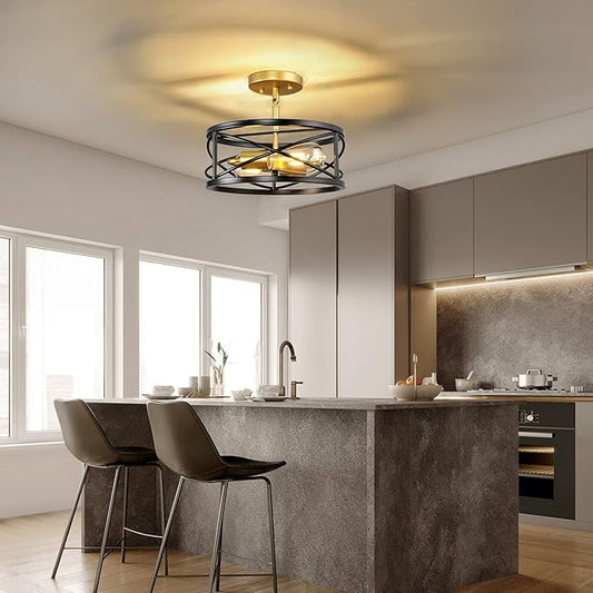 Semi Flush Mount Ceiling Light Fixtures, 2-Light Modern Kitchen Ceiling Light Farmhouse Industrial Sloped Ceiling Lighting with for Metal Drum Cage Hallway Bedroom Stair, Black and Gold