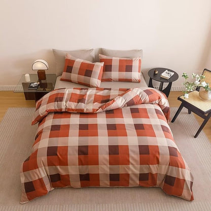 Cottonight Checkered Red Comforter Set Full Gingham Grid Bedding Set Red and Khaki Grid Comforter Fluffy Soft Bedding Set Kids Teens Full Comforter with 2 Pillowcases