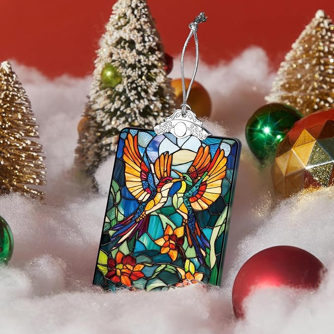 Birds Stained Glass Ornament, 2025 Christmas Tree Hanging Decoration for Gift Exchange or Stocking Stuffer, Holiday Decor, 3.8 x 2.4 Inch