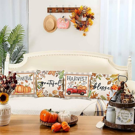 Fall Decorations for Home, Fall Pillow Covers 18x18 Set of 4, Thanksgiving Decorations Autumn Cushion Case for Couch(Fall07)