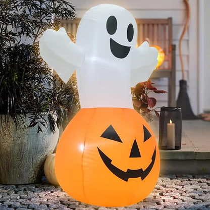 TRMESIA 4FT Halloween Inflatable Decor White Ghost Pumpkin with LED Lights Indoor Outdoor Blow Up Decoration Halloween Party Holiday Decoration