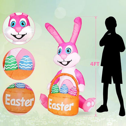 4FT Easter Inflatable Bunny with Egg Blow up Outdoor Yard Decorations - Built-in LED Lights for Easter, Holiday, Party, Yard, Garden, Lawn