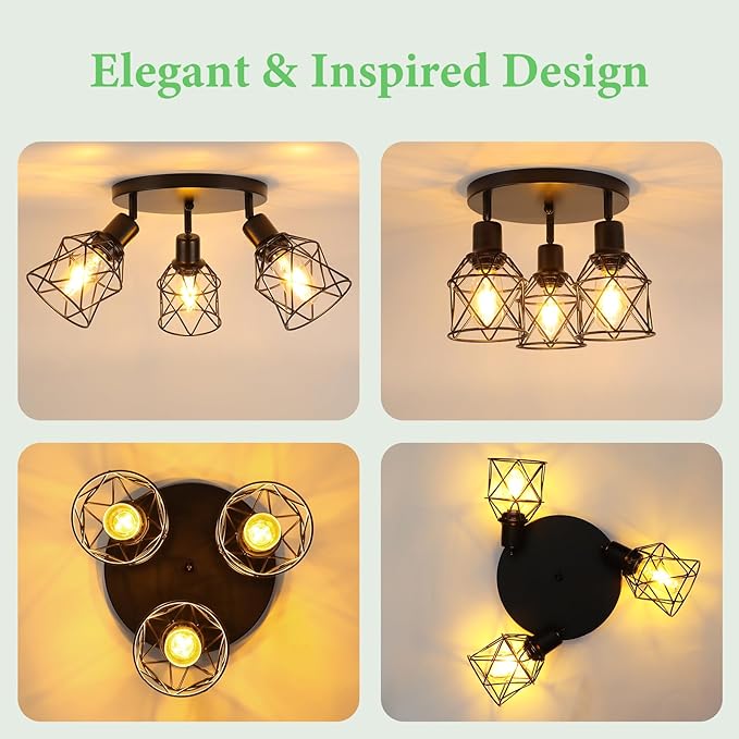 WILON Kitchen Light Fixtures Ceiling Mount, Black Ceiling Light Fixtures 3-Light Adjustable Semi Flush Mount Ceiling Light, Multi-Directional Ceiling Lights for Kitchen Hallway Dining Room(E26 Base)
