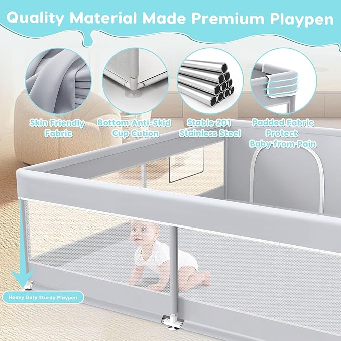 Baby Playpen, 50x50 Inch Baby Playard for Babies and Toddlers, Play Pens for Indoor & Outdoor, Sturdy Safety Play Yard with Soft Breathable Mesh, Anti-Fall, Grey