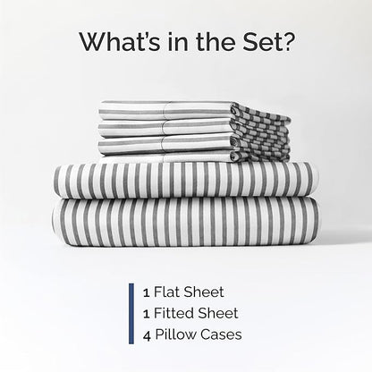 CGK Linens Queen 6 Piece Sheet Set - Cooling Sheets for Hot Sleepers - Hotel Luxury Bedding Set w/ 8-16 Inch Deep Pockets - 1 Flat & 1 Fitted & 4 Pillowcases - Soft. Cozy & Wrinkle Free - Grey Stripes