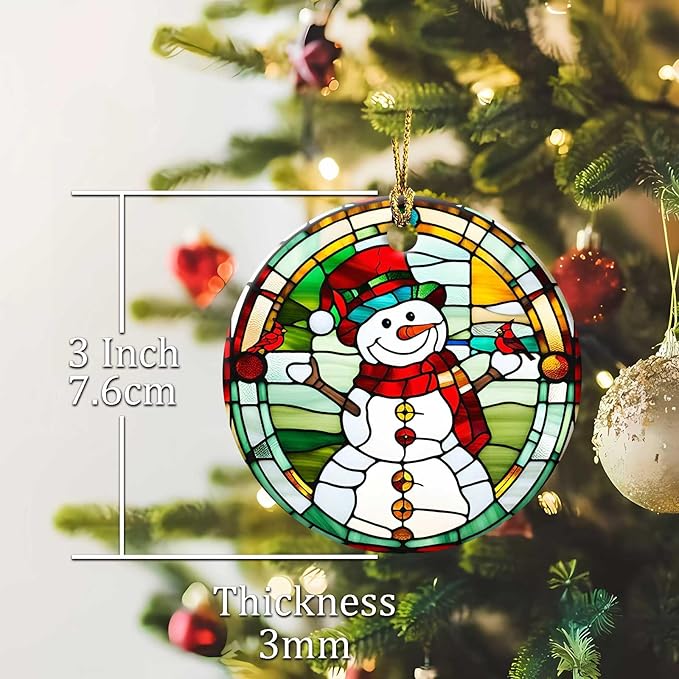 Snowman Cardinal Ornament Round Ceramic Colorful Glass Style Ornament Xmas Keepsake for Christmas Tree Winter Holiday Xmas Gift for Women Men Xmas Hanging Ornament 3"