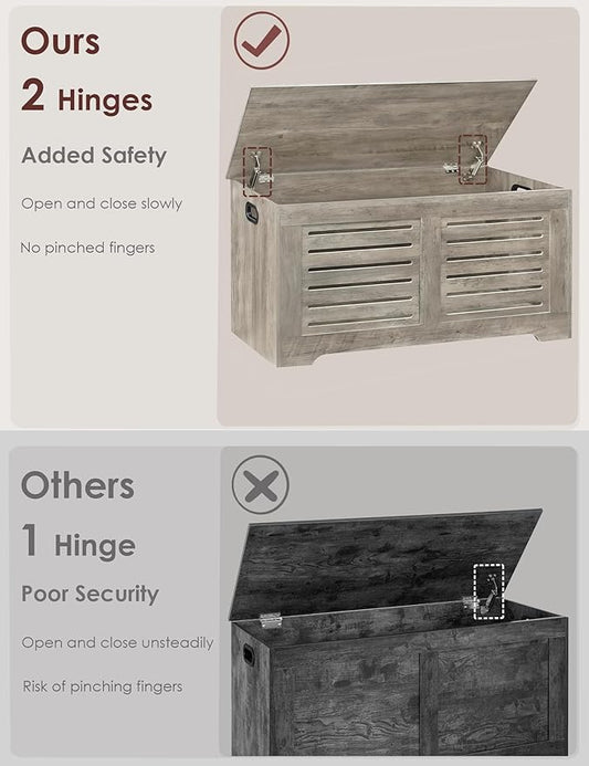 DINZI LVJ Storage Chest, 43.3” Wooden Toy Box with 2 Safety Hinges, Retro Entryway Shoe Storage Bench with Flip-Top, Sturdy Large Storage Trunk for Living Room, Bedroom, Easy Assembly, Gray Wash