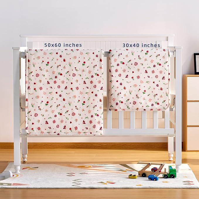 DaysU Plush Flannel Sherpa Baby Blanket for Girls Boys, Portable Reversible Soft Micro Fleece Baby Crib Throw Blanket with Flower Print for Newborn and Nursery, Floral, 30"x40"