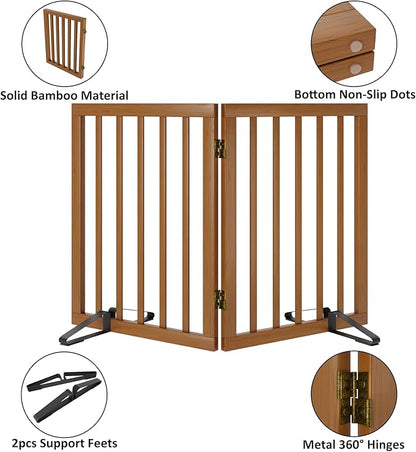 Walnut Dog Gates for Doorways, Foldable Dog Gate for Stairs, Bamboo Freestanding Pet Gate with 2 Support Feet, Puppy Fences Indoor