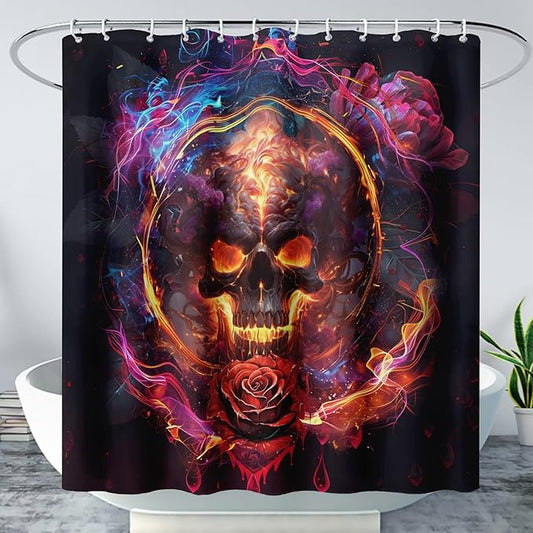 AILONEN Gothic Skull Shower Curtains for Bathroom,Red and Black Skeleton Sugar Skull Bath Curtain,Romantic Rose Flower Goth Skull Decor,Boys Men Curtain 12 Plastic Hooks Waterproof, 72" W x 72" H