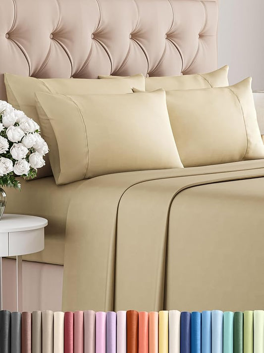 Queen Size Sheet Set - 6 Piece Set - Hotel Luxury Bed Sheets - Extra Soft - Deep Pockets - Easy Fit - Breathable & Cooling Sheets - Wrinkle Free - Comfy - Tan - Beige Bed Sheets - Queens Sheets - 6 PC