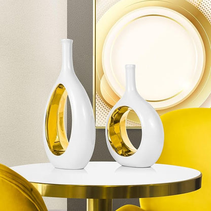 White Gold Ceramic Vase Set 2,Modern Hollow Circle with Hole Flower Vase for Home Decor,for Table Centerpieces,Farmhouse,Fire Place,Living Room,Bedroom,Office,Bookshelf,Rustic Decor