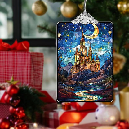 Castle Stained Glass Ornament, 2025 Christmas Tree Hanging Decoration for Gift Exchange or Stocking Stuffer, Fantasy Holiday Decor, 3.8 x 2.4 Inch