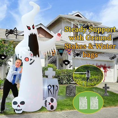 12 FT Halloween Inflatables Outdoor Halloween Blow Up Yard Decorations Horror White Ghost with 3 Skull Heads Bleeding Eyeball Tombstone Halloween Decorations Clearance for Party Yard Garden