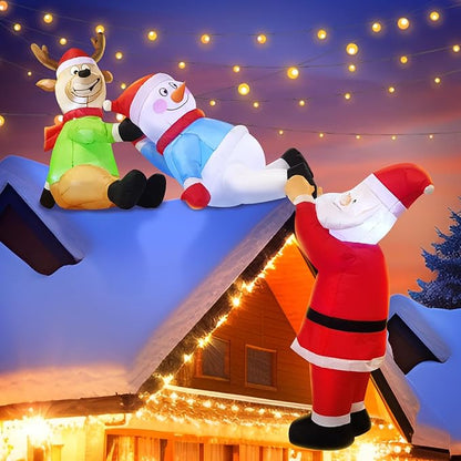 DomKom 8FT Christmas Inflatables Roof Outdoor Decorations, Climbing Santas with Reindeer and Snowman, LED Lights Holiday Blow Up Decoration for Outside Home Windows Eaves