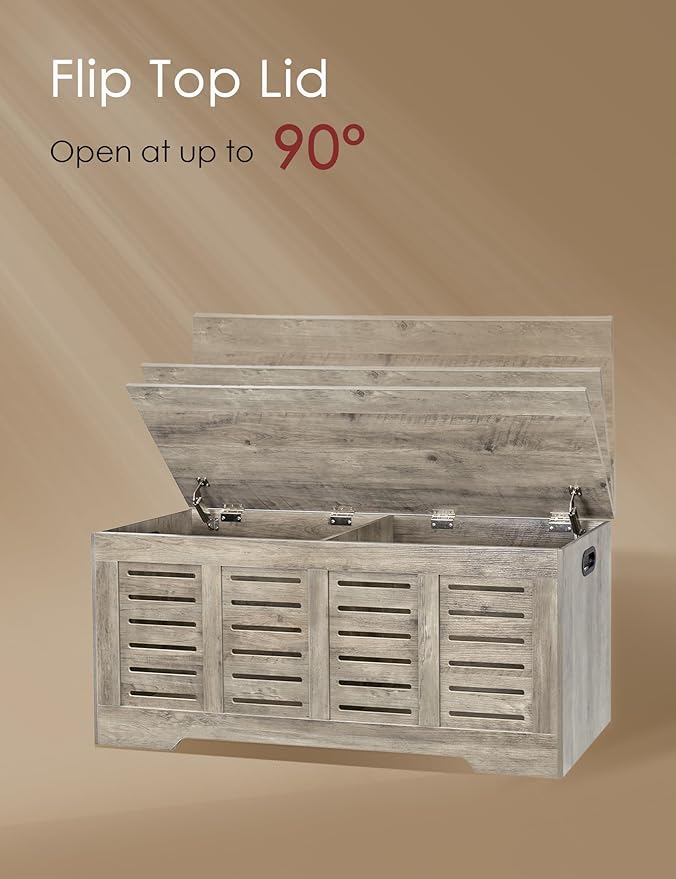 DINZI LVJ Storage Chest, 47.3” Wooden Toy Box with 2 Safety Hinges, Retro Entryway Shoe Storage Bench with Flip-Top, Sturdy Large Storage Trunk for Living Room, Bedroom, Easy Assembly, Gray Wash