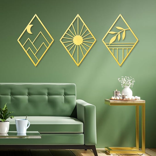 Sokurdeg Gold Metal Wall Art, Boho Minimalist Geometry, Bohemian Abstract Line Metal Art for Bedroom Bathroom Living Room (3 Pack, 12 x 17 in)
