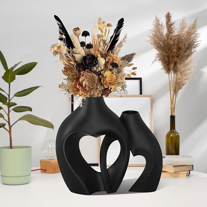 Black Vases for Decor, Heart Shaped Ceramic Vase Set of 2, Nordic Modern Boho ins Style Decorative Ceramic Aesthetic Flower Vase for Home Decor, Living Room Office House Decoration