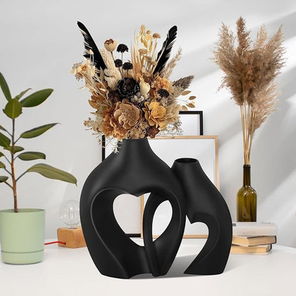 Black Vases for Decor, Heart Shaped Ceramic Vase Set of 2, Nordic Modern Boho ins Style Decorative Ceramic Aesthetic Flower Vase for Home Decor, Living Room Office House Decoration