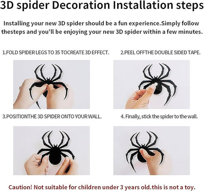 Halloween Wall Stickers 24Pcs Spider Wall Decor 3D Self Adhesive Halloween Wall Decals Horror Black Spiders Wall Decorations Reusable Window Stickers for Halloween Party Home Room Art DIY Accessories