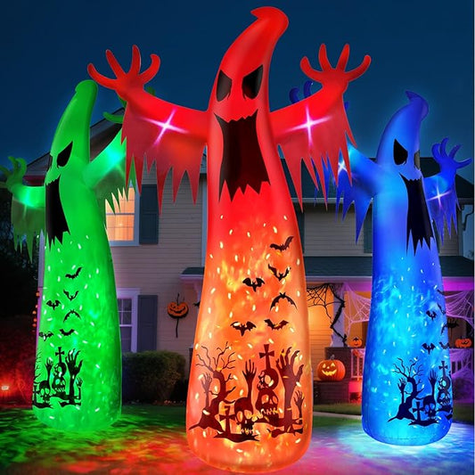 14 Ft Giant Halloween Inflatable Ghost Decorations Outdoor with 3 Colored Rotating Flame LED Changing Red Blue Green Lights, Scary Ghosts Blow Up Halloween Decor for Garden Yard Lawn Holiday Party