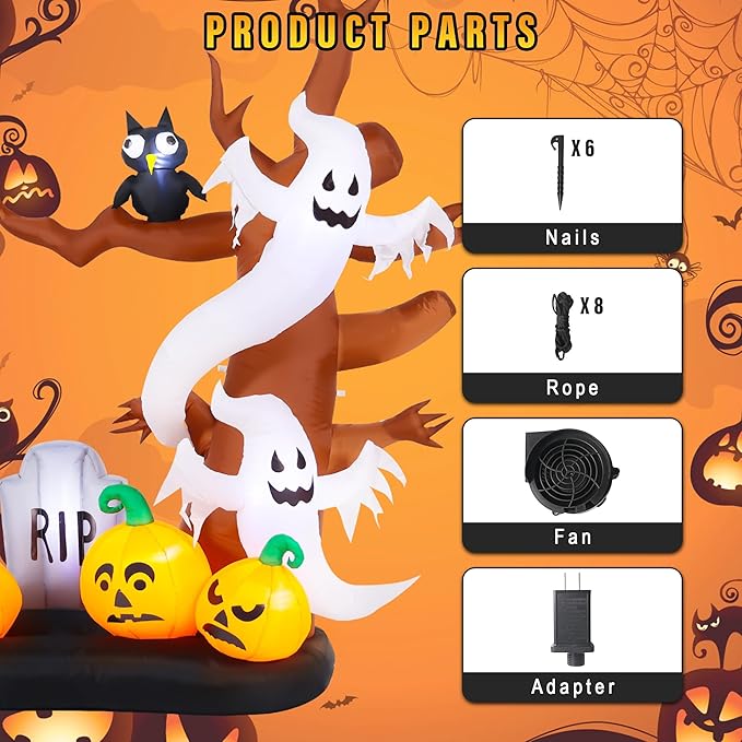 8 FT Halloween Inflatables Outdoor Decorations, Giant Blow Ups Flying Ghosts Pumpkin Tree with Build-in LED Lights, Funny Yard Garden Decoration for Halloween Party Indoor Outdoor