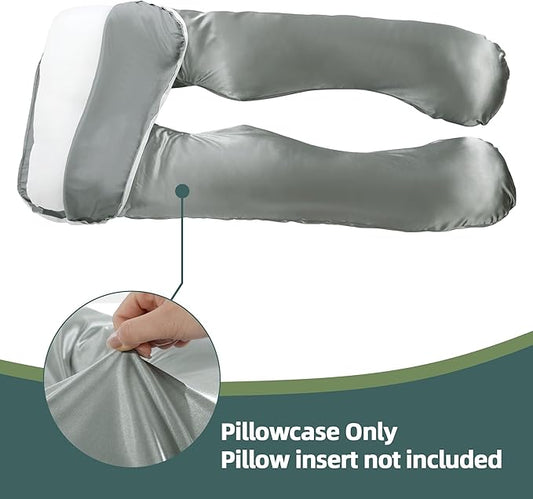Silky Satin Pregnancy Pillow Cover (ONLY Pillowcase), U Shaped Luxurious Smooth Maternity Pillow Cover, Soft & Breathable Large Pillow Protector with Hidden Zip for Side Sleeper, Dark Grey