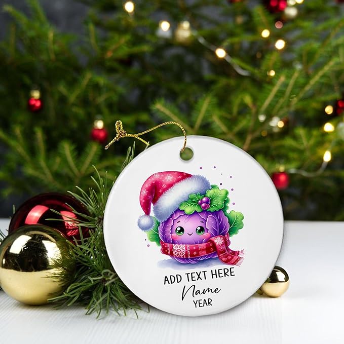 Customized Purple Cabbage Ceramic Ornament With Name Xmas 2025, Christmas Tree Hanging, Personalized Add Text Christmas Decor Gifts for Family
