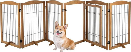 Pet Gate - 6-Panel Indoor Folding Dog Fence for Stairs or Doorways - 133x32-Inch Freestanding Play Pen with Support Feet by PETMAKER (Natural)