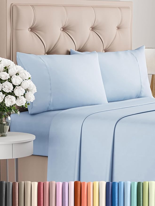 CGK Linens Twin 4 Piece Sheet Set - Cooling Sheets for Hot Sleepers - Hotel Luxury Bedding Set with 8-16 Inch Deep Pockets - 1 Flat & 1 Fitted & 2 Pillowcases - Soft, Comfy & Wrinkle Free - Sky Blue