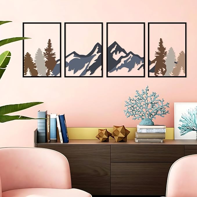 ESTART 4 Pcs Metal Mountain Wall Art, Large Mountains Wall Decor, Mountain Rivers Decorative Painting Suitable For Living Room Bedroom Office Indoor And Outdoor