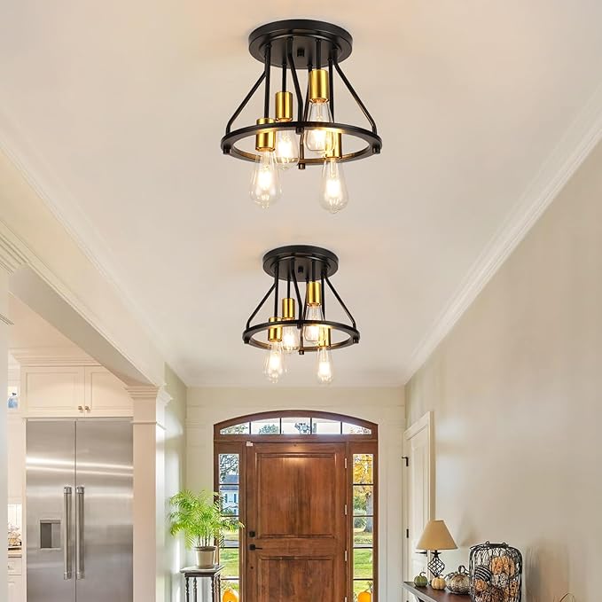 WILON Semi Flush Mount Ceiling Light 4-Light Ceiling Light Fixtures - Black Gold Farmhouse Kitchen Light Industrial Hallway Light Fixtures Ceiling Lamp for Hallway Kitchen Foyer (E26 Socket)