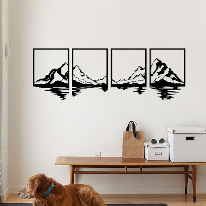 ESTART 4 PCS Metal Mountain Wall Art, Large Mountains Wall Decor, Mountain Forest Decorative Painting Suitable For Living Room Bedroom Office Indoor And Outdoor (Mountains Rivers)